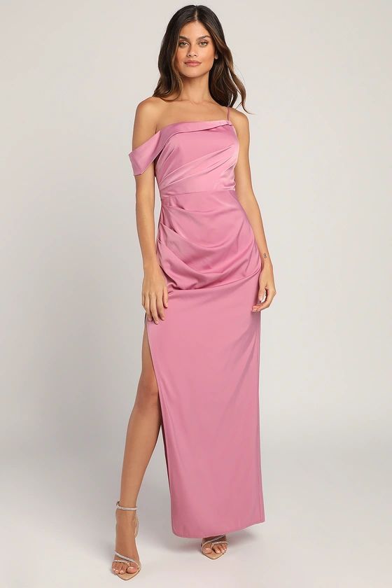 Lush Love Pink Rose Satin Asymmetrical Off-the-Shoulder Dress | Lulus (US)