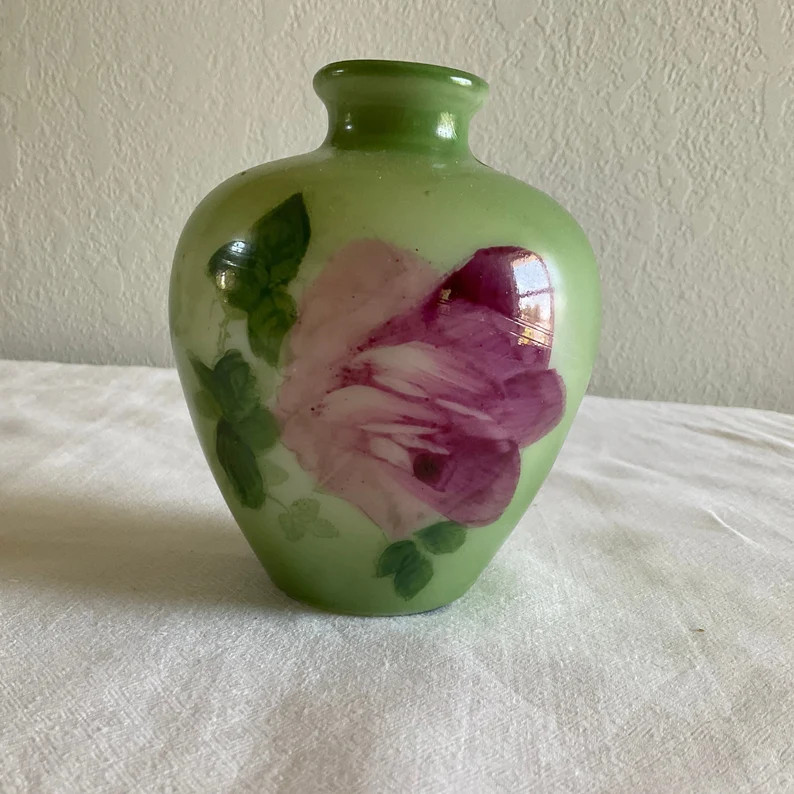 Green Vase With Handpainted Floral - Etsy | Etsy (US)