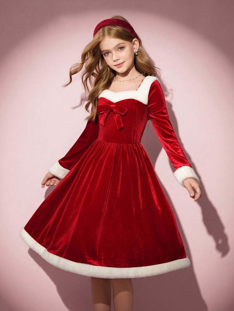Christmas Holiday Reindeer Velvet Red Waist Flared Girls Dress, Autumn/Winter Girls Christmas Dre... | SHEIN