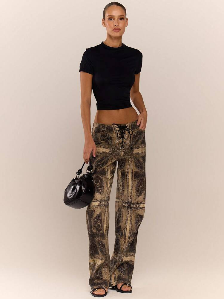MUSERA Peacock Print Lace Up Straight Leg Printed Jeans Cool Girl Streetstyle Going Out Winter Spring Summer | SHEIN