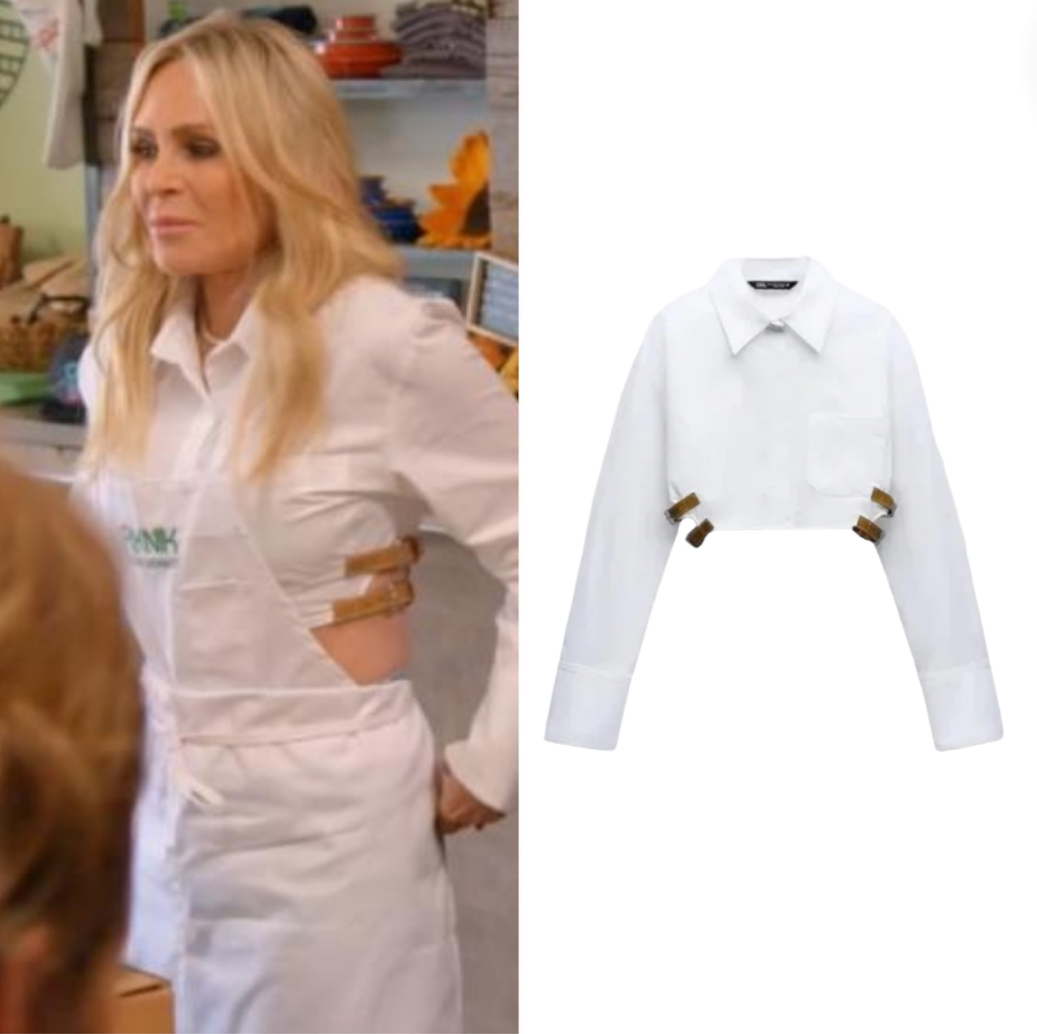 Tamra Judge’s White Cropped Belt Buckle Shirt 