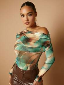 Silquee Women's Random Print Casual Oblique Shoulder Long Sleeve Top | SHEIN