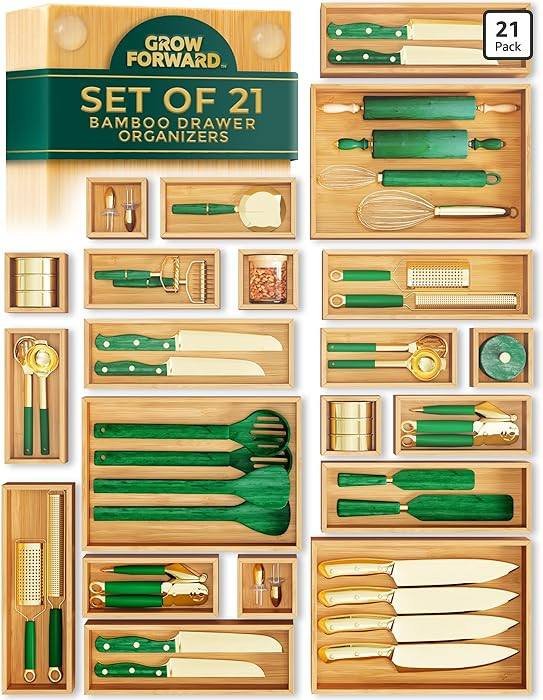 Grow Forward Bamboo Drawer Organizer Boxes - Set of 21 Wooden Drawer Organizers for Kitchen, Bath... | Amazon (US)