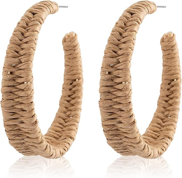 SELOVO Boho Raffia Rattan Chunky Drop Open Hoop Earrings for Women | Amazon (US)