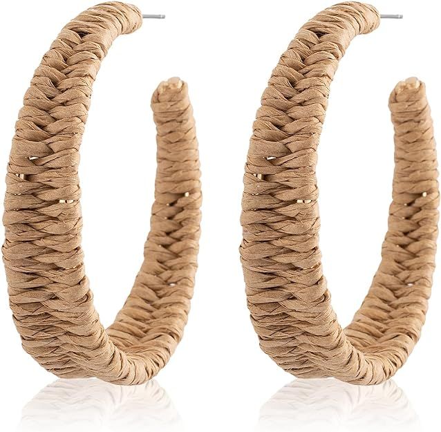 SELOVO Boho Raffia Rattan Chunky Drop Open Hoop Earrings for Women | Amazon (US)