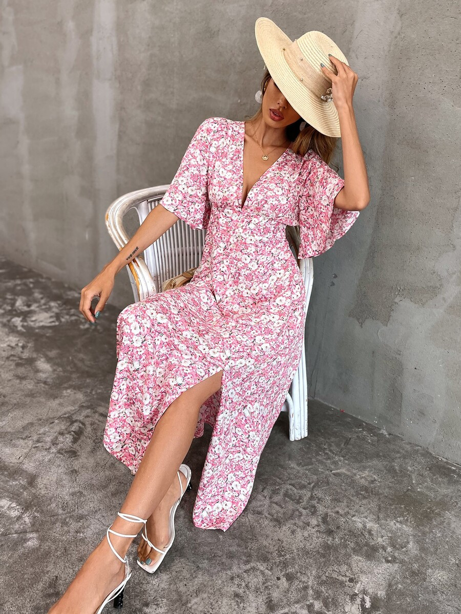Floral Print Butterfly Sleeve Split Dress | SHEIN