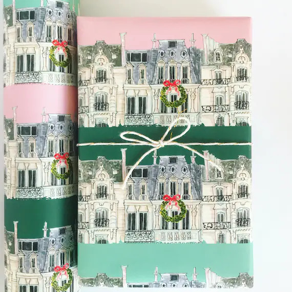 Wrapping Paper: Holiday Paris Apartments Blush and Green {Gift Wrap, Birthday, Holiday, Christmas... | Etsy (US)