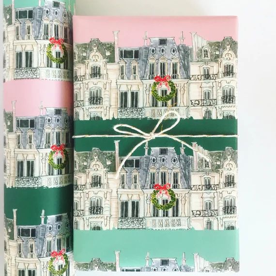 Wrapping Paper: Holiday Paris Apartments Blush and Green {Gift Wrap, Birthday, Holiday, Christmas... | Etsy (US)