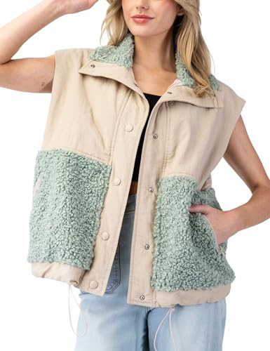 Meyhad Women’s Sherpa Fleece Contrast Puffer Vest Fuzzy Button Down Jackets Outerwear with Pockets(0919-Green-XL) | Amazon (US)