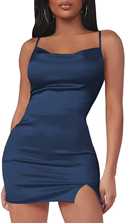 LYANER Women's Satin Split Hem Cowl Neck Sleeveless Bodycon Spaghetti Strap Mini Dress | Amazon (US)