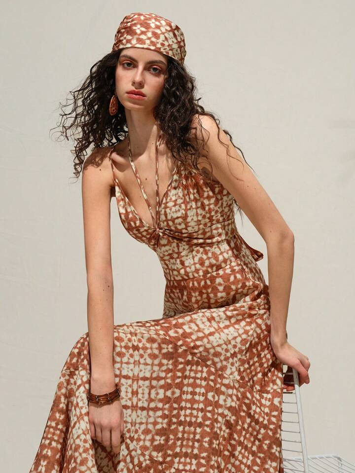 Arave Vestido Casual De Estilo Boho Para Mujer, Con Camisola Estampada, Cintura Ceñida, Vuelo Y Lazo, Para El Verano | SHEIN