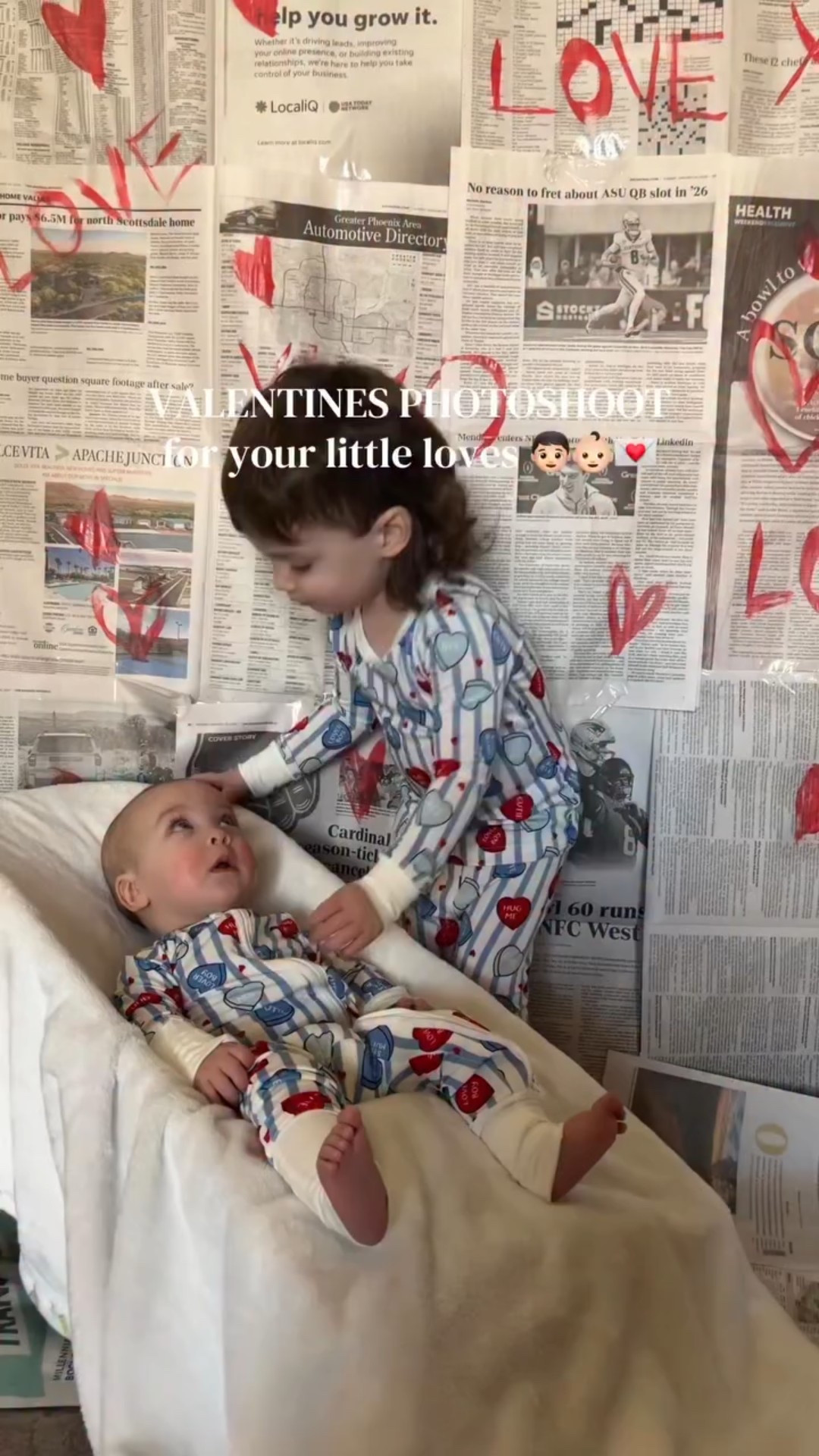 such a fun + easy photohoot to set up at home for your littles! I got my newspaper for $2 at dollar tree + already had the red paint 📰❤️

#valentinesday #diyphotoshoot #babyphotoshoot #motherhood #athomephotoshoot