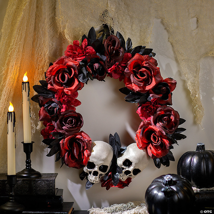 16 3/4" x 3 1/2" Red & Black Flower Wreath with Skulls Halloween Decoration | Oriental Trading Company