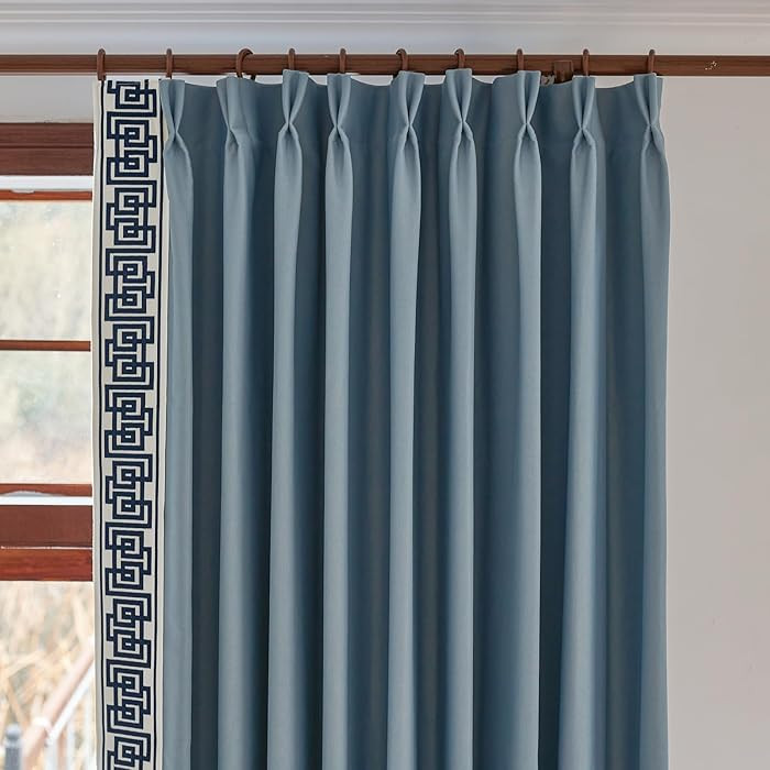 VisionaryHomeDesign Blue Pinch Pleat Drapes with Greek Key Trim, Room Darking Luxury Window Curta... | Amazon (US)