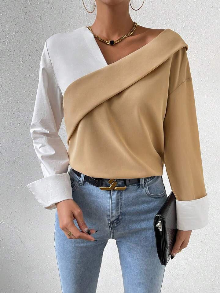 SHEIN Essnce Two Tone Asymmetrical Neck Drop Shoulder Blouse | SHEIN