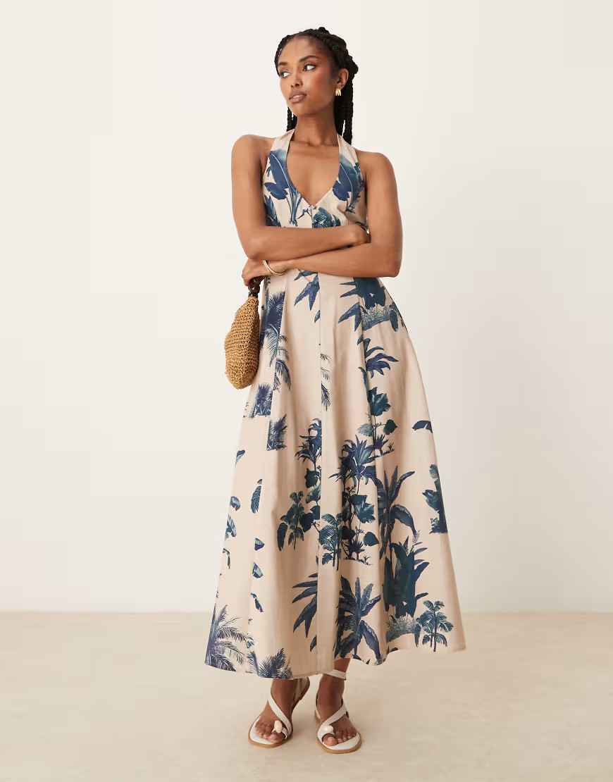 ASOS DESIGN halter midi dress with godet hem in palm print-Multi | ASOS (Global)