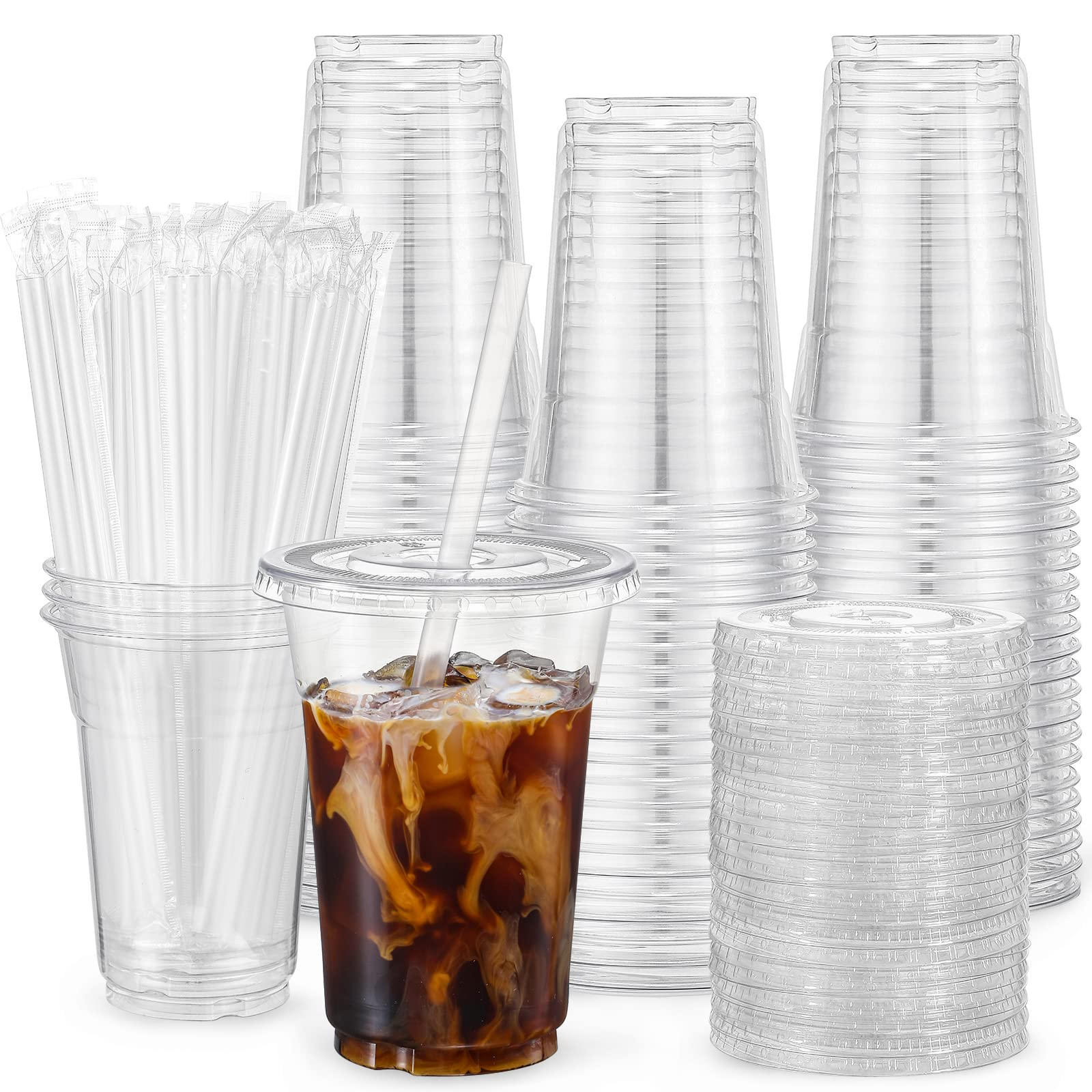 VITEVER [100 Sets - 16oz] Plastic Cups with Lids and Straws, Disposable Cups for Iced Coffee, Smo... | Amazon (US)