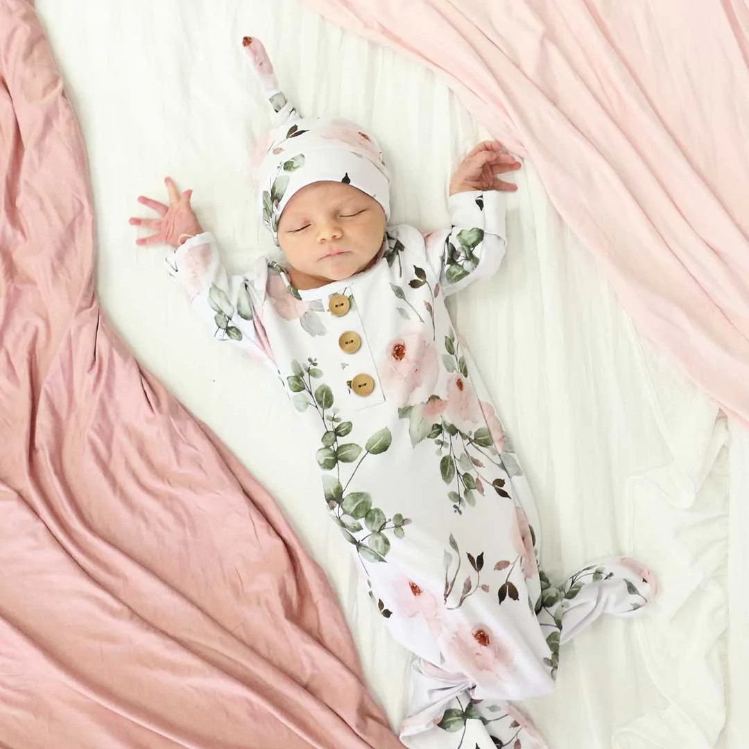 Millie's Dusty Rose Garden Newborn Baby Knot Gown & Hat Set | Caden Lane
