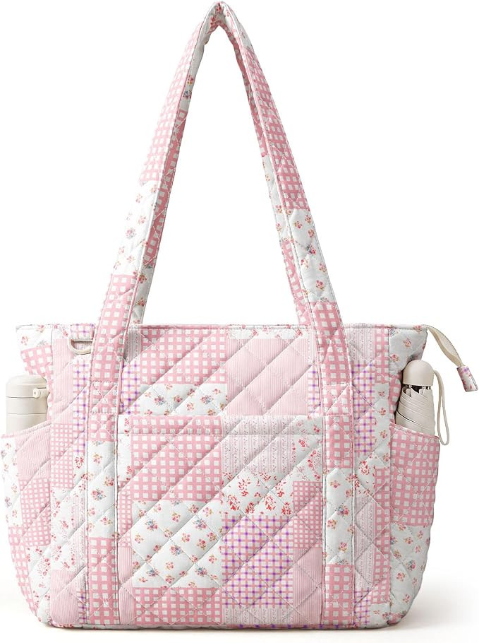 Quilted Tote Bag for Women, Floral Quilted Tote Bag with Zipper, Cute Shoulder Bag for Work, Trav... | Amazon (US)