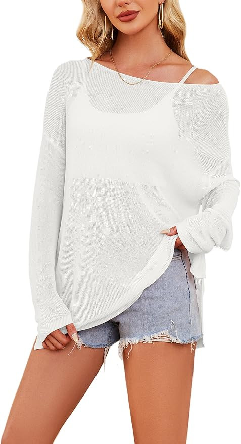 Women Hollow Out Sheer Mesh Knit Long Sleeve Boat Neck Solid Loose Tee Shirt Top Sexy See Through... | Amazon (US)