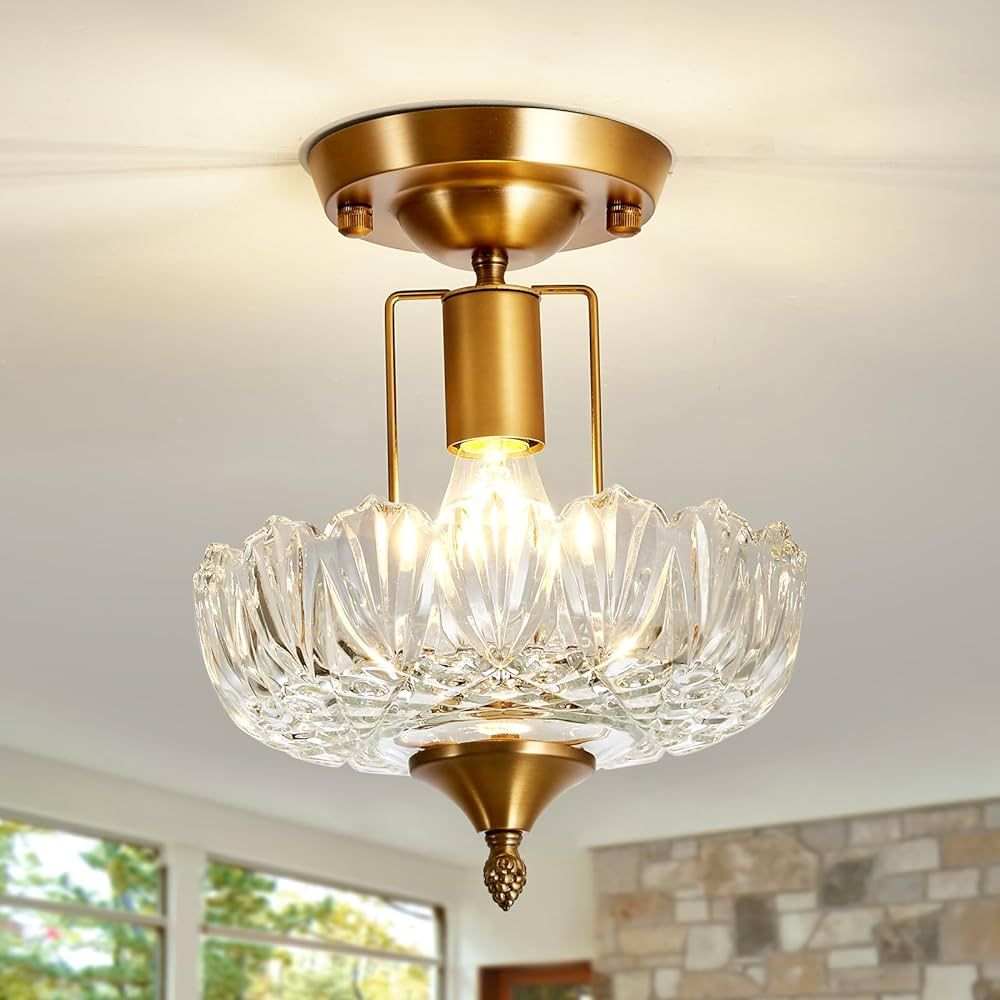 UOFUS Vintage Semi Flush Mount Ceiling Light Fixture Gold Globe Glass Shade Small Chandelier Clos... | Amazon (US)