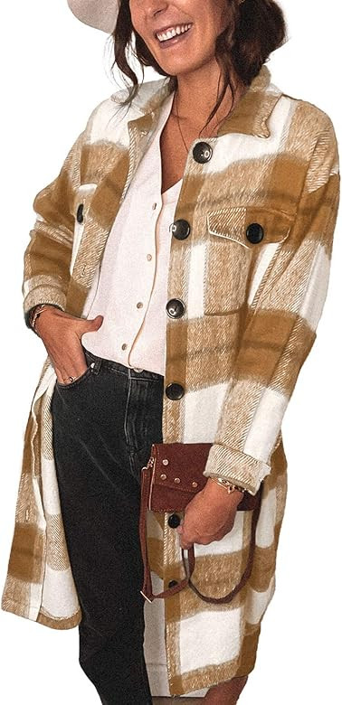 Sidefeel Women Plaid Long Sleeve Button Down Collar Long Shirt Oversized Coat | Amazon (US)