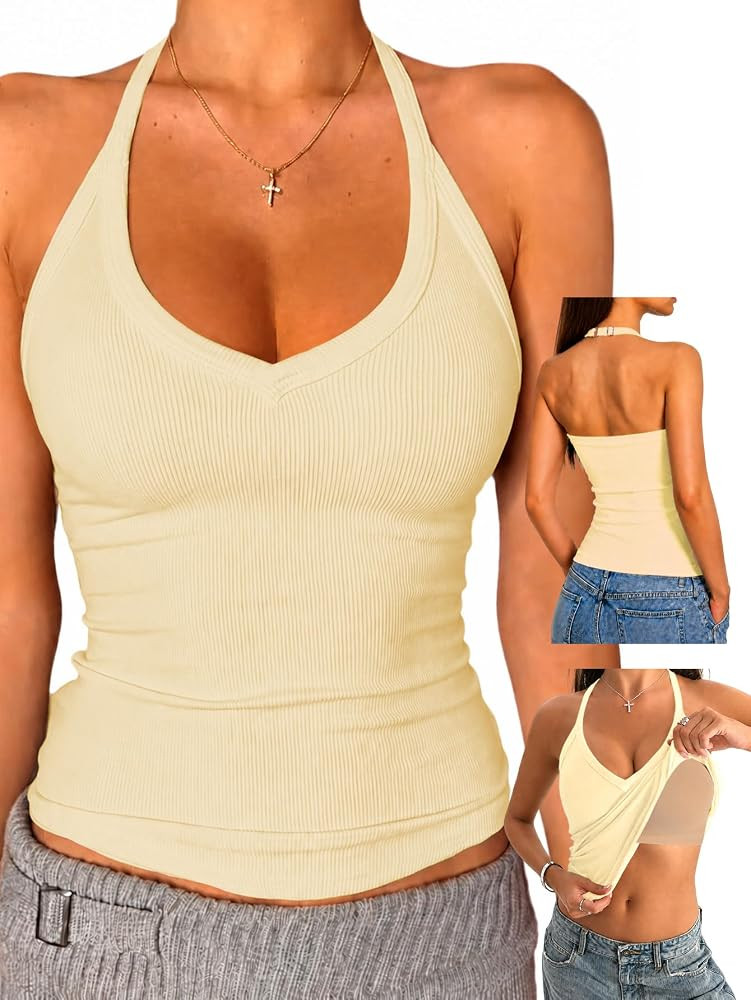Danysu Adjustable Halter Tank Tops for Women with Built in Bra Camisole | Amazon (US)