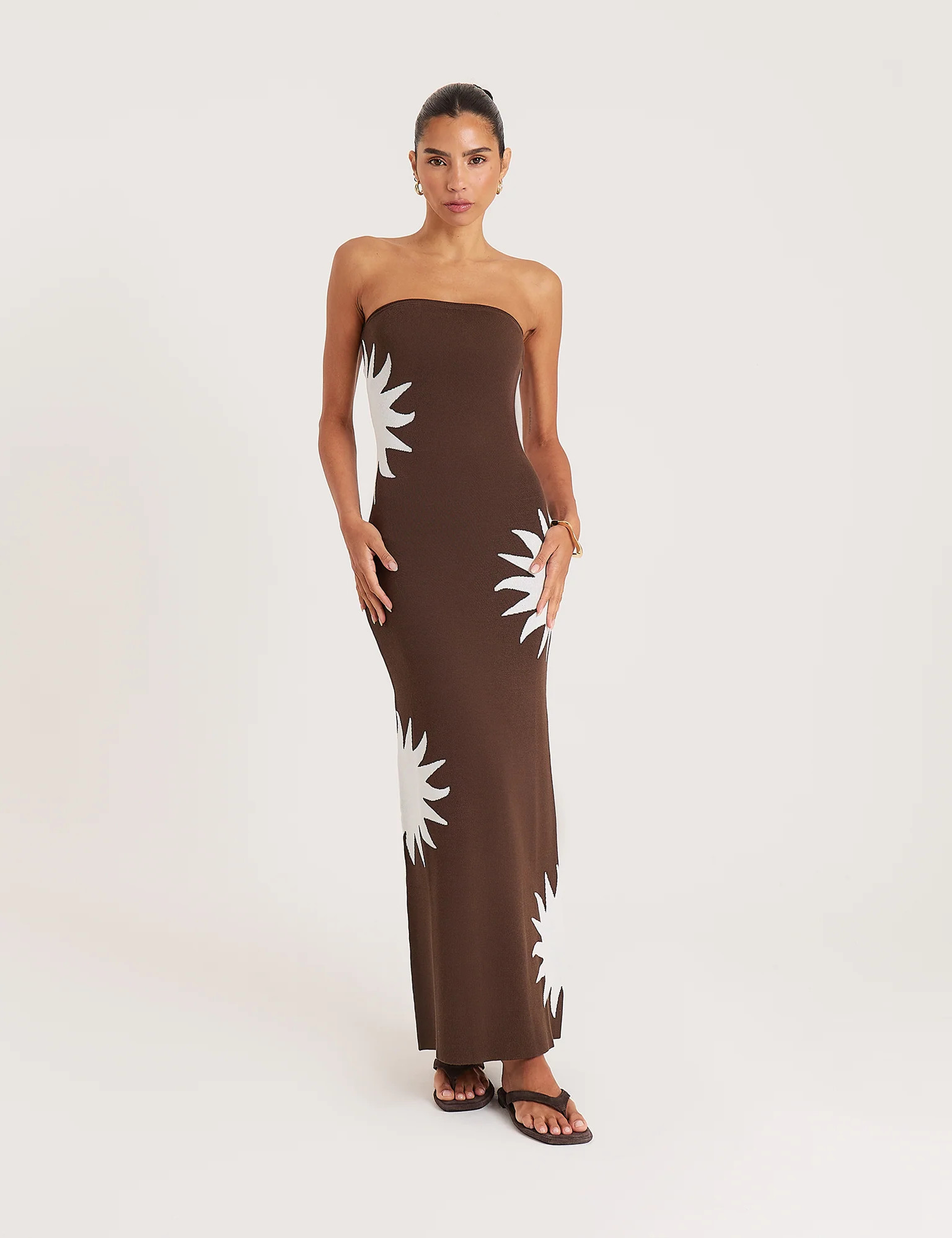 Women's Chocolate and Cream Sun Print Bandeau Maxi Dress | Cassy | 4th & Reckless | 4th & Reckless