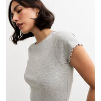 Women's Grey Marl Ribbed Lettuce Trim T-Shirt New Look | New Look (UK)