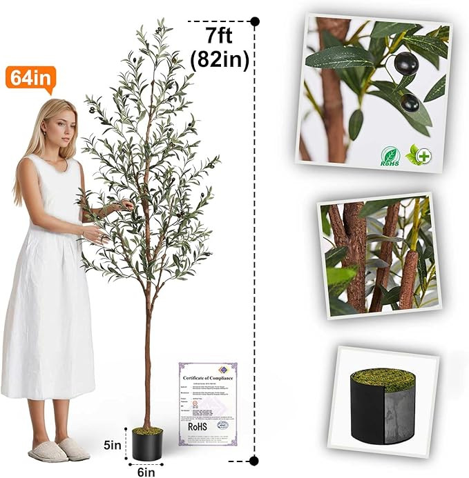 Aveyas 7ft Artificial Olive Tree for Home Decor, 7 Feet Large Faux Plant Fake Skinny Silk Trees w... | Amazon (US)