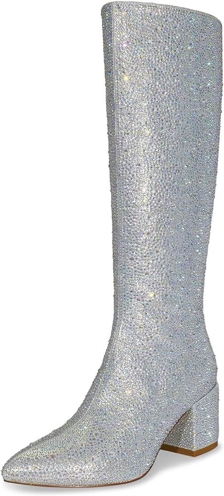 wetkiss Rhinestone/PU Low Chunky Pointed Toe Ankle Boots for Women with Full Bling Sparkly Crysta... | Amazon (US)