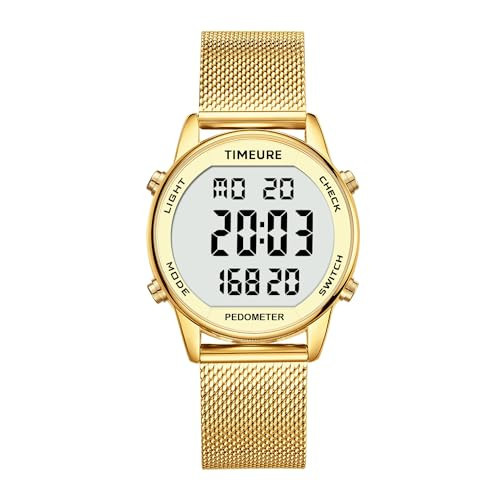 TIMEURE Women's Step Counter Watch with Stainless Steel Bracelet, Stylish Design, No App, No Charging Needed for Step, Calorie, Distance, Alarm, Countdown Timer，TU-2401(Gold) | Amazon (US)