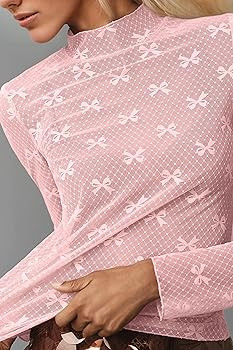 MISSACTIVER Sexy Lace Mesh Long Sleeve Sheer Top for Women See Though Mock Neck Bow Tee Shirt Blo... | Amazon (US)