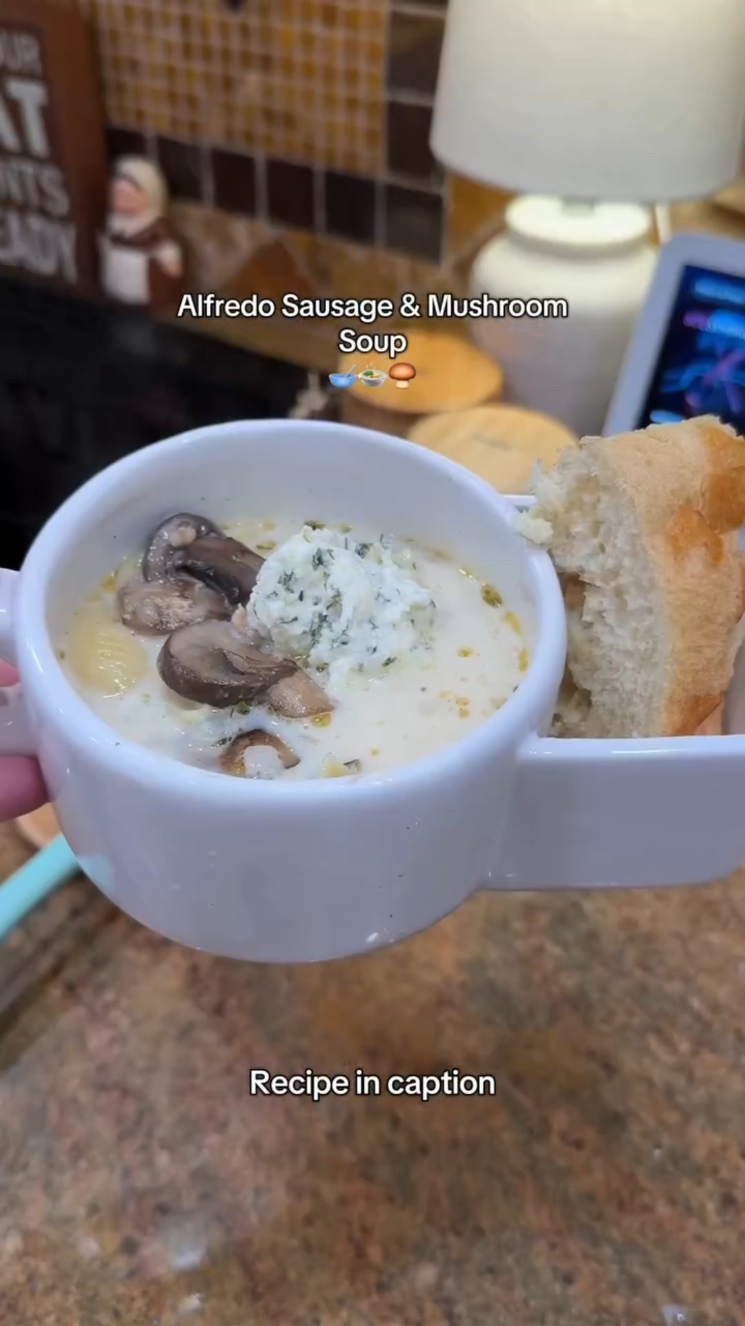 ❄️🥶How cold is it where you live? #easyrecipe #easyrecipes #DinnerIdeas #dinner #soup Ingredients for soup
* 1 tbsp olive oil
* 1 lb ground Italian sausage (or substitute with ground chicken or beef)
* 1 small onion, finely chopped
* 3 garlic cloves, minced
* 5 cups chicken broth
* 1 tsp Italian seasoning
* ½ tsp crushed red pepper flakes
* 8 oz sliced mushrooms
* 8 oz pasta of choice 
* 1 c heavy cream
* 1 small jar of Alfredo sauce (or make homemade)

Ingredients for the Topping:
* 1 cup ricotta cheese
* ½ cup shredded mozzarella cheese
* ¼ cup grated Parmesan cheese
* 1 tbsp fresh parsley, chopped

Cook the Sausage: Heat olive oil in a large pot over medium heat. Add the ground sausage and cook until browned, breaking it up into small pieces. Remove excess grease if necessary.
Add the chopped onion and cook until softened, about 3 minutes. Stir in the minced garlic and cook for 1 minute until fragrant.
Pour in the chicken broth and bring to a simmer. Add sliced mushrooms. Stir in the Italian seasoning, crushed red pepper flakes, salt, and pepper.
Add the pasta to the pot and simmer for 10-12 minutes, or until the noodles are tender. Stir occasionally to prevent sticking.
Lower the heat and stir in the heavy cream and Alfredo sauce. Simmer for another 2-3 minutes, allowing the flavors to meld.
In a small bowl, combine ricotta cheese, mozzarella cheese, Parmesan cheese, and parsley. Mix until smooth.
Ladle the soup into bowls and top each serving with a generous dollop of the cheesy topping.