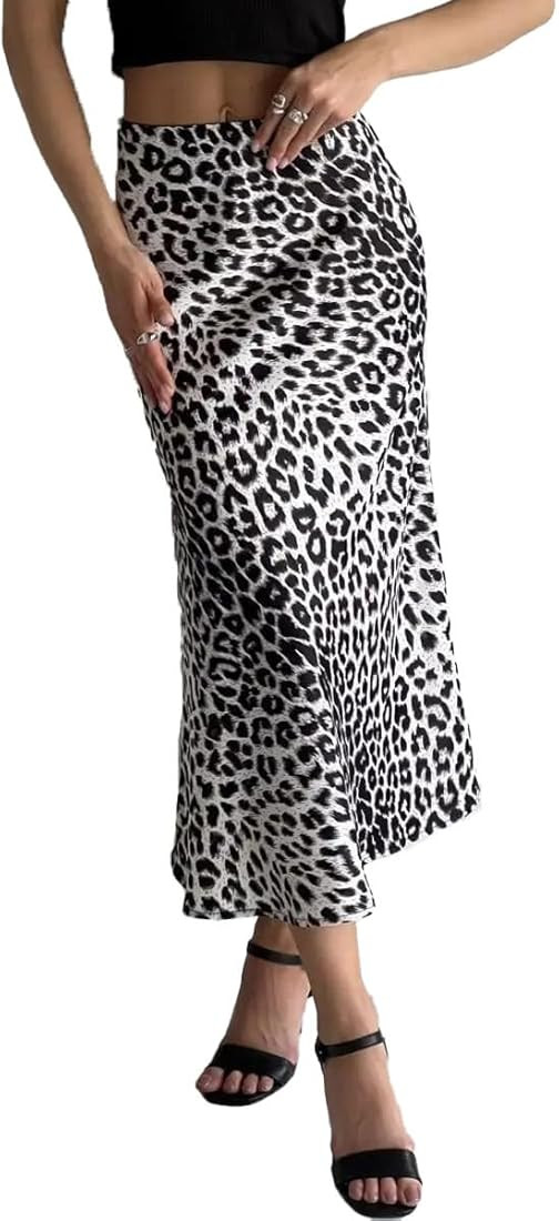 Islis Women's Slik Satin Leopard High Waist Wrap Elastic Waisted Maxi Long Skirt | Amazon (US)