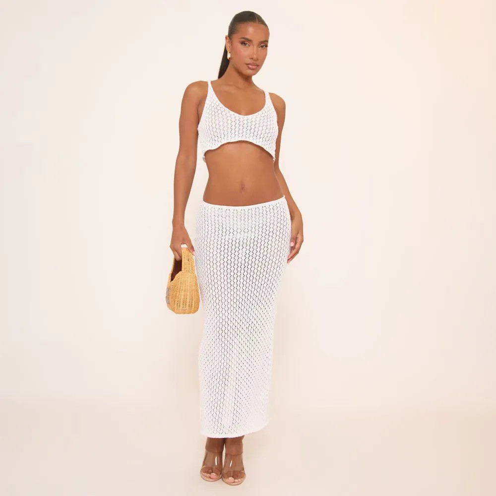 Mid Rise Maxi Skirt In White Crochet Knit | EGO (UK)
