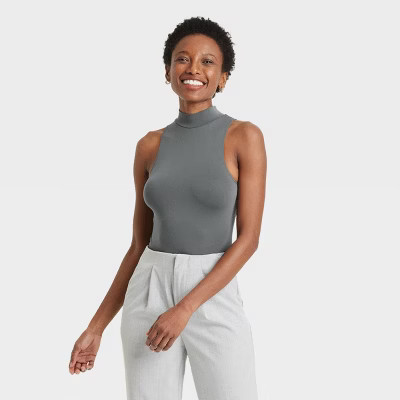 Women's Seamless Bodysuit - A New Day™ Gray S: Mock Turtle Neck, Sleeveless, Crotch Snap | Target
