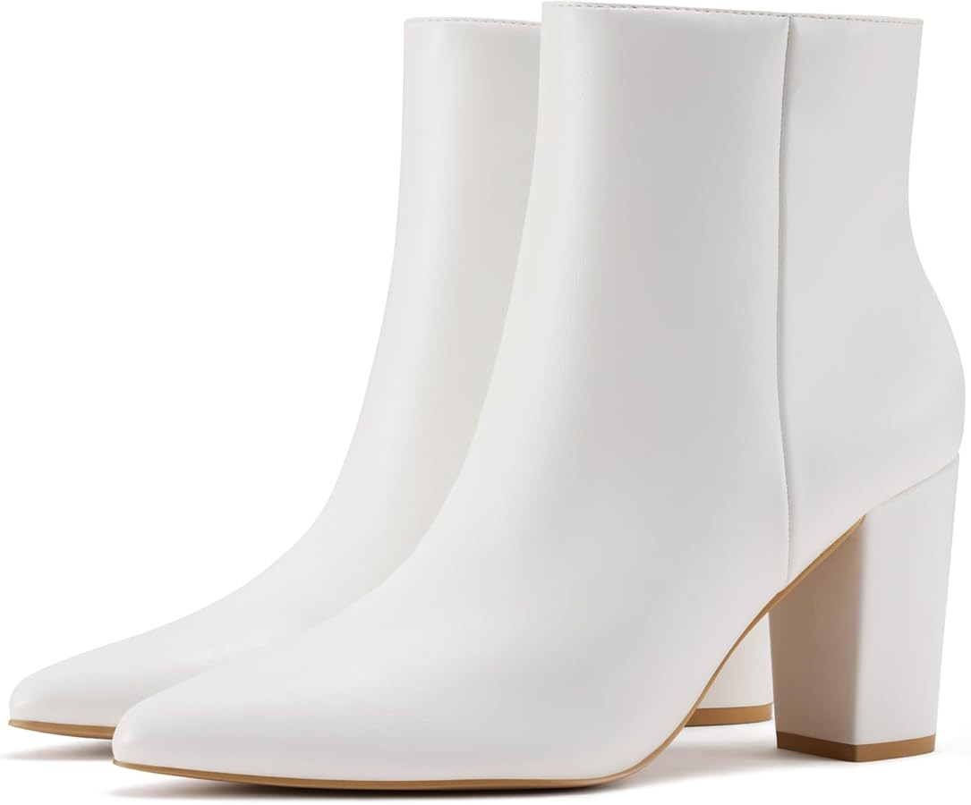 Rollda Women's Pointed Toe Ankle Boots Chunky High Heel Ankle Booties Side Zipper Short Boots | Amazon (US)