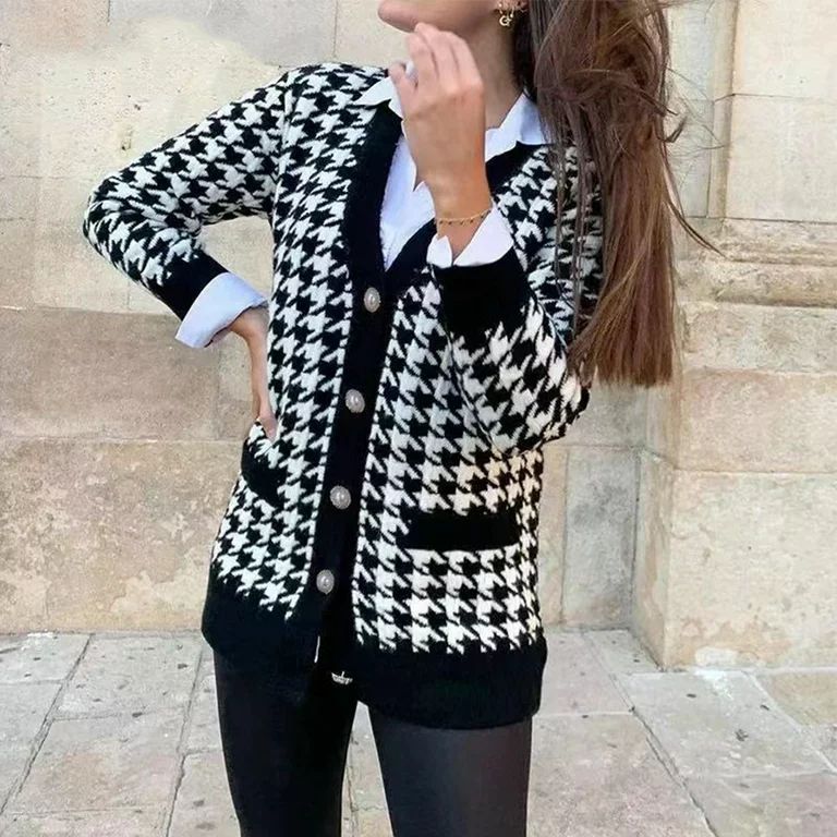 RUNOLIG Autumn Winter Houndstooth Cardigan,V Neck Long Sleeve Sweater,Casual Knitted Loose Jumper... | Walmart (US)