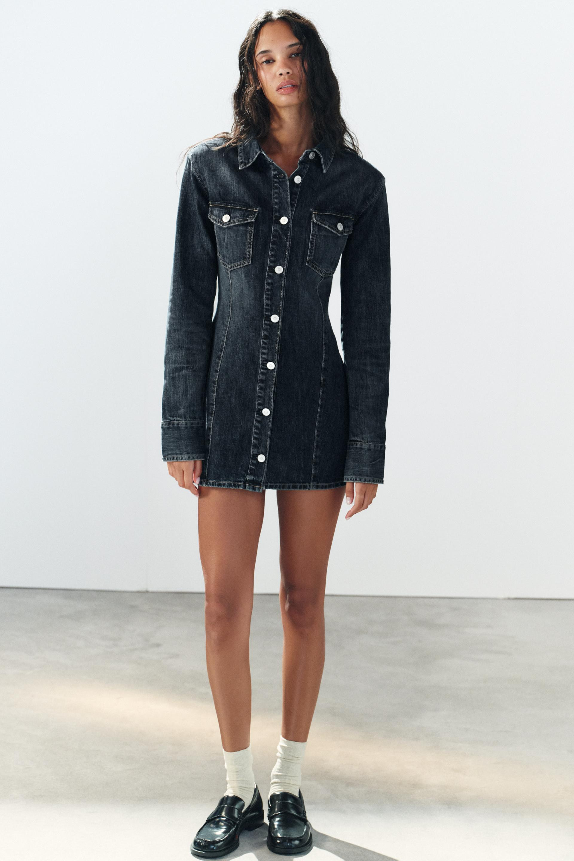 Zara - Trf Shoulder-Pad Denim Mini Dress - Navy Blue - Xxl - Woman | Zara US