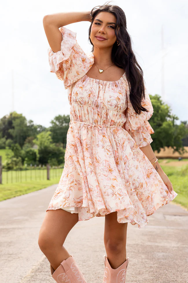 Misty Pink Floral Ruffle Sleeve Printed Dress | Pink Lily