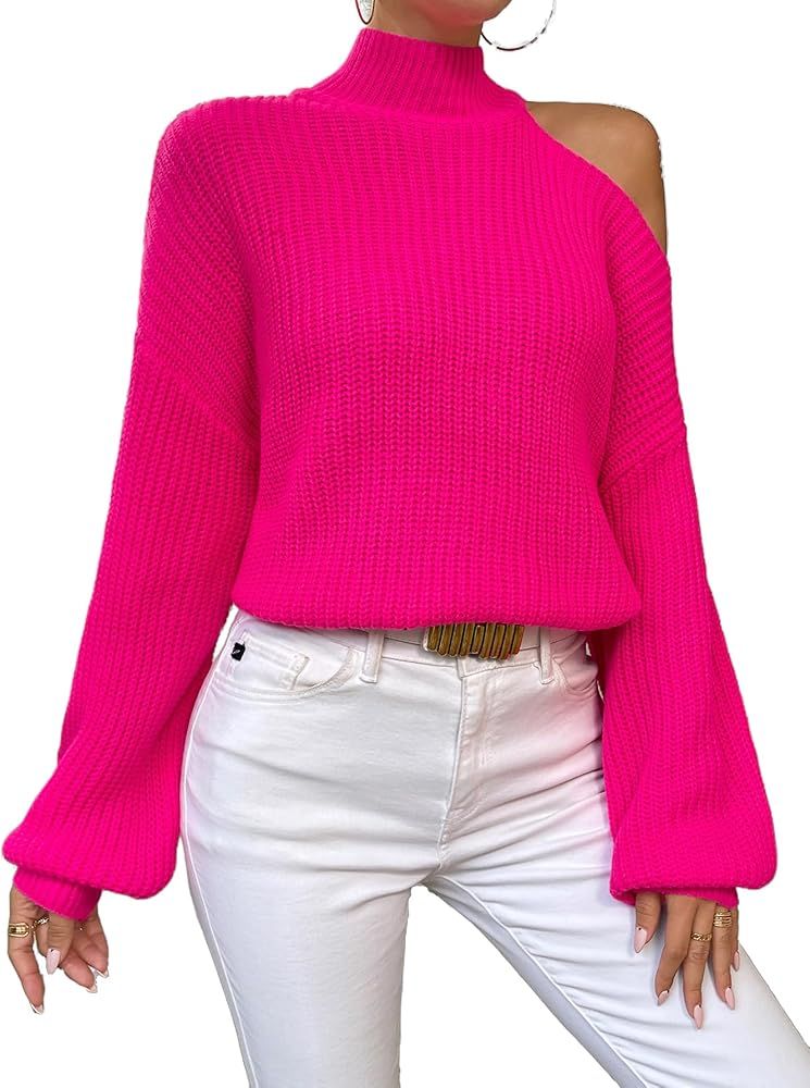 MakeMeChic Women's Turtleneck Sweater Cut Out Shoulder Bishop Long Sleeve Ribbed Knit Pullover Sw... | Amazon (US)