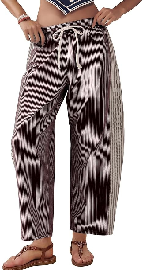 Women's Baggy Wide Leg Jeans Mid Rise Barrel Denim Ankle Pants Casual Striped Pull On Drawstring ... | Amazon (US)