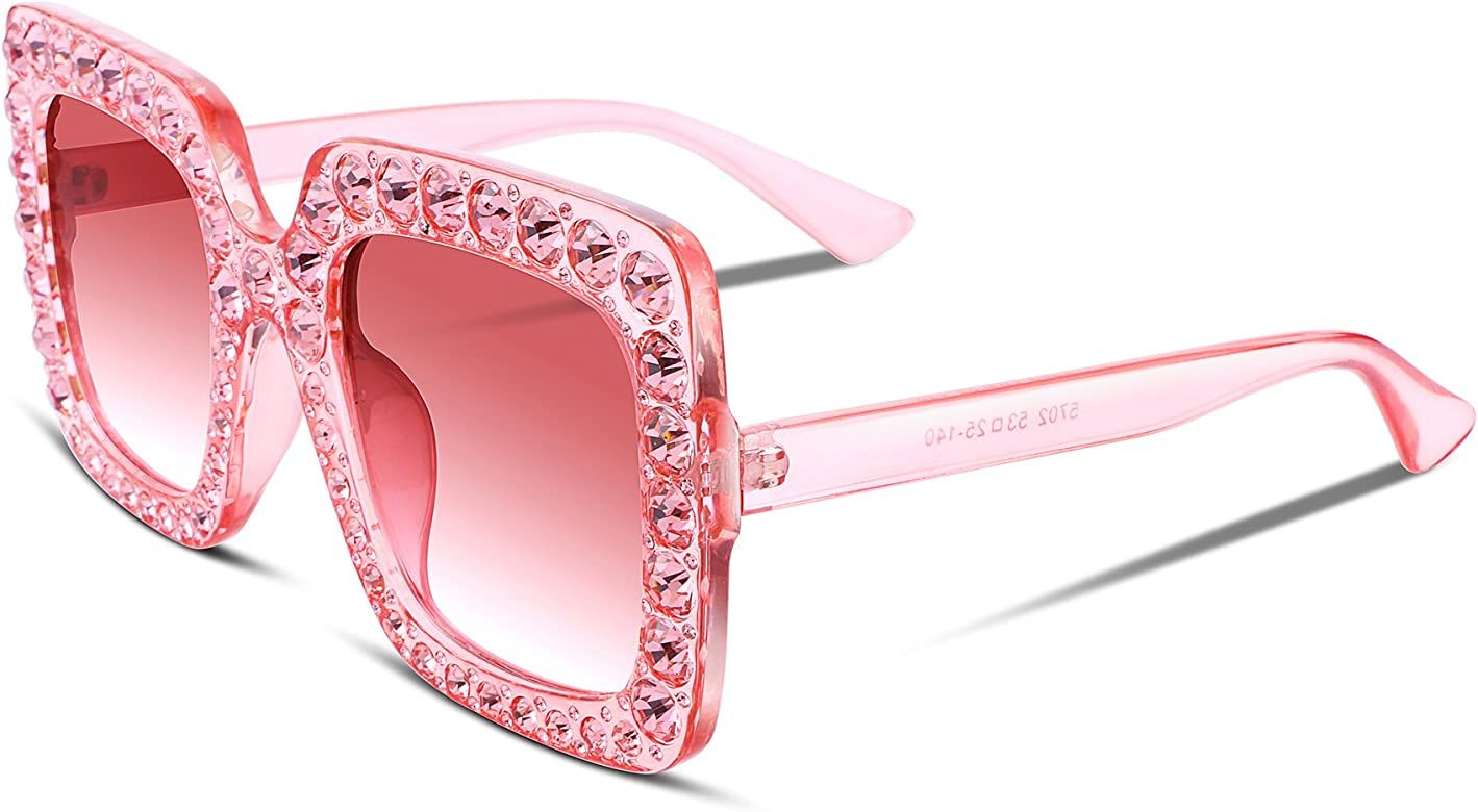 FEISEDY Women Sparkling Crystal Sunglasses Oversized Square Thick Frame B2283 | Amazon (US)