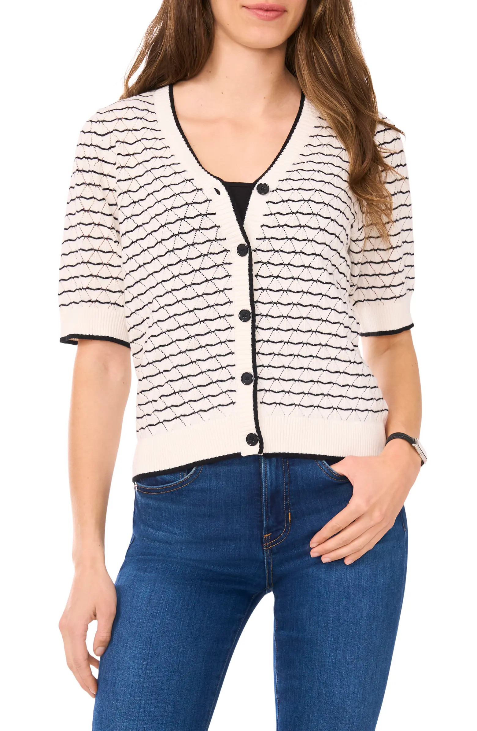 Halogen® Stripe Pointelle Cotton Button-Up Sweater | Nordstrom | Nordstrom