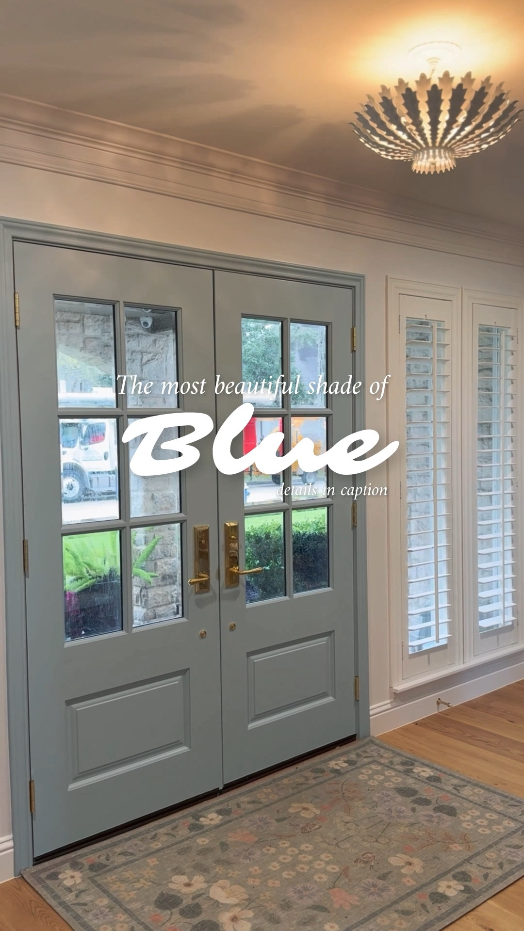 This is truly one of the most beautiful cool-toned blue paints! Benjamin Moore Blue Porcelain 1641 is a blue darkened slightly by a touch of gray, resulting in a lovely, serene hue.
I have always wanted a painted front door and I'm

obsessed with how this tuned out! This pop of color makes me so happy every time I walk past it.

SOURCES
Paint: @benjaminmoore Blue Porcelain 1641
Door Hardware: @emtek_products (unlaqured brass Melrose)
Lighting: @visualcomfort
Rug: @riflepaperco
Hardwood Floor: Opus (7.5 in planks, color Belver)

#LTKHome #LTKvlog