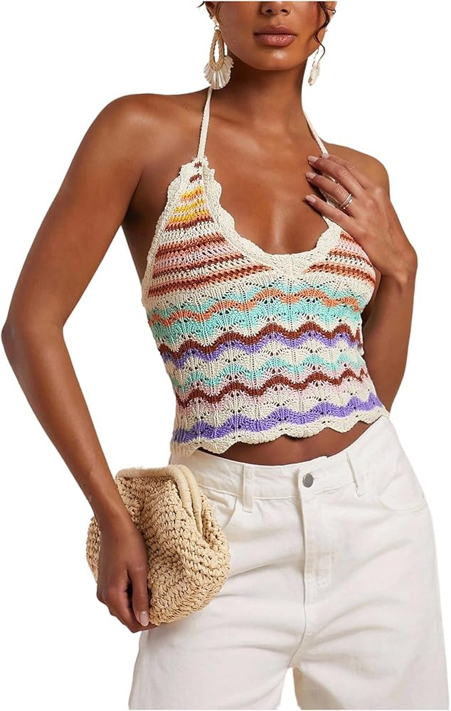SOLY HUX Women's Colorblock Striped Crochet Knit Halter Tops Scallop Trim Tie Backless Sleeveless... | Amazon (US)