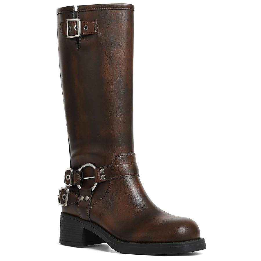 AMINUGAL Knee High Boots Women Square Toe Pull On Wide Calf Riding Fashion Buckles Chunky Metalli... | Amazon (US)