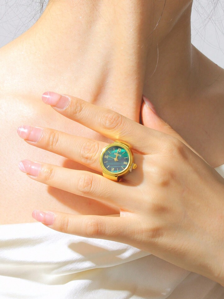 Elegant Quartz Ring Watch With Roman Numerals And Green Dial - Adjustable Fashion Jewelry For Wom... | SHEIN