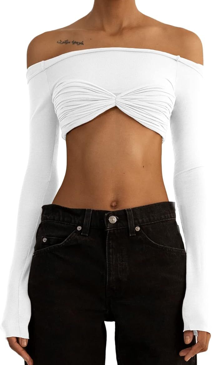Women’s Crop Tops Sexy Knit Mesh Sheer See Through Off Shoulder Long Sleeve t Slim Fit Y2K Crop... | Amazon (US)